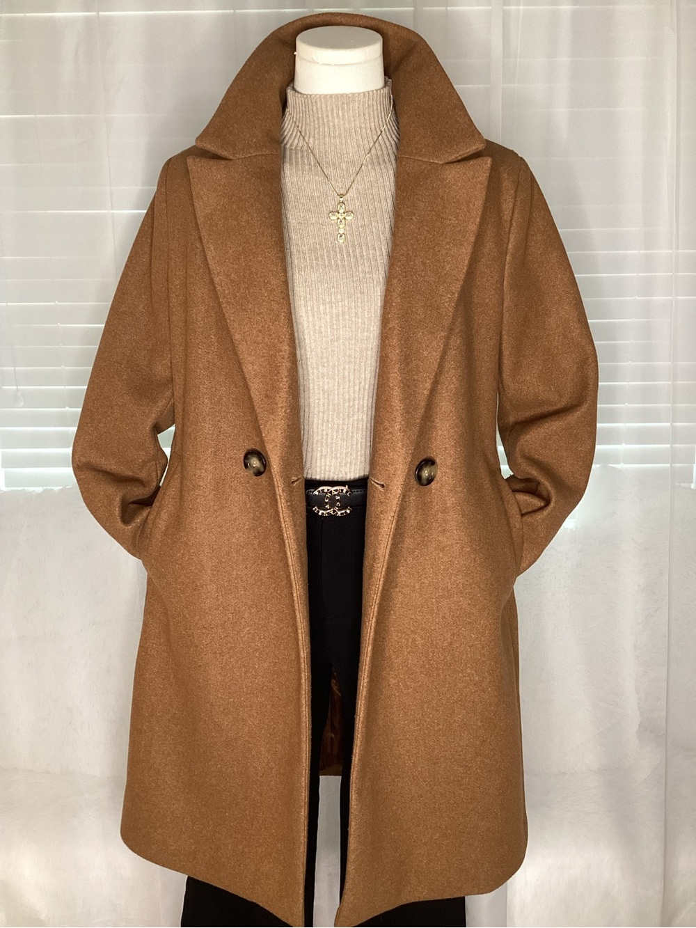 Like NEW Chic DKNY Camel Double Breasted Pea Coat. Size XS